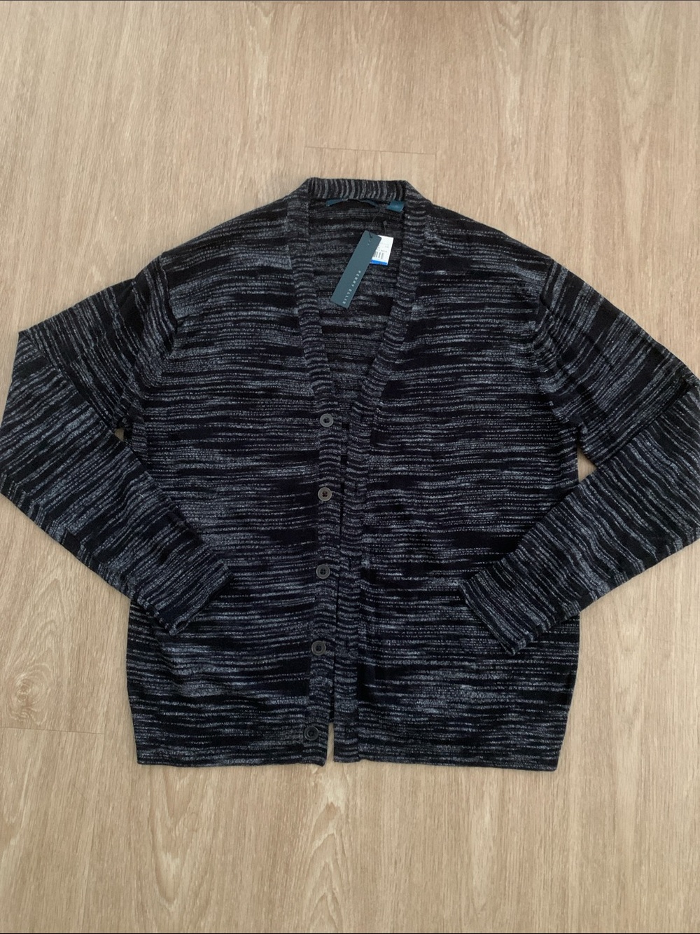 Perry Ellis Men's Black & Gray Striped Button Cardigan Sweater